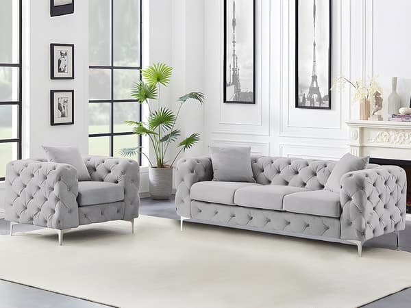 Vente-unique - EDWINA 3-sits soffa och fåtölj i ljusgrå sammet
