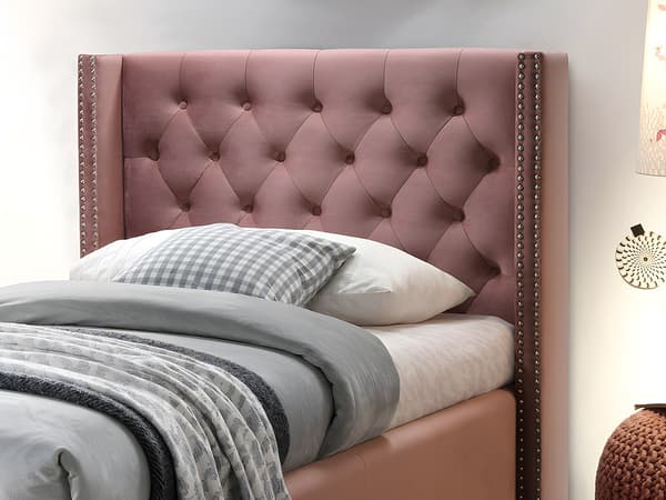 Vente-unique - Säng med Vadderad sänggavel - 90 x 200 cm - Rosa sammet - MASSIMO II