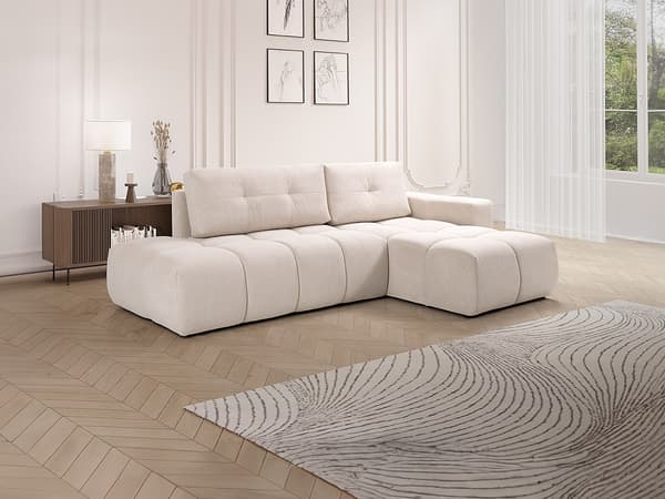 Vente-unique - Högervänd bäddsoffa i texturerat beige tyg TRIMALDI