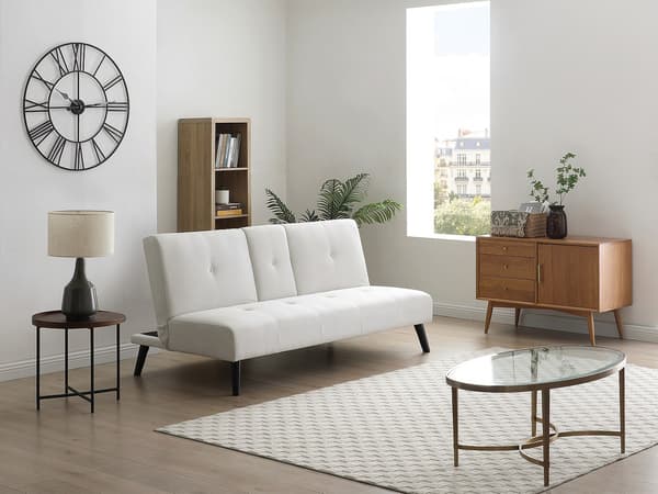 Vente-unique - CLOSIPA 3-sits klick-klack-soffa i beige tyg med sidobord