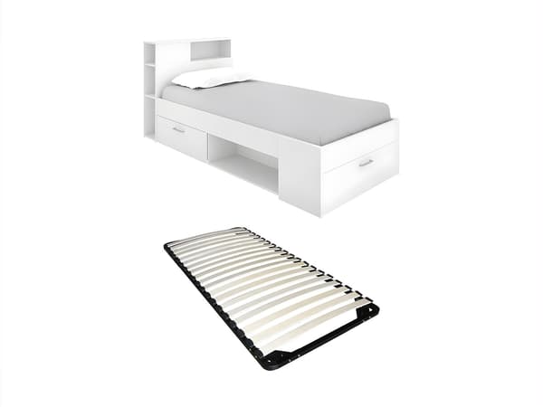 Vente-unique - Sängram med förvaring - 90 x 190 cm - Vit + ribbotten - LEANDRE