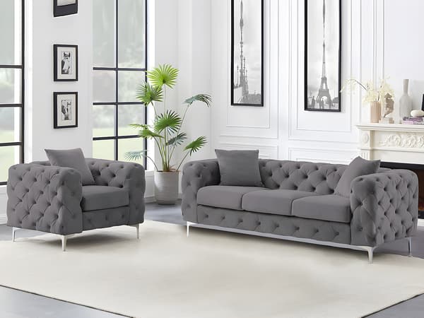 Vente-unique - 3-sits soffa och fåtölj i sammet, mörkgrå EDWINA