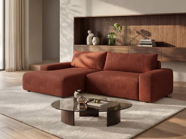 Vente-unique - Vänstervändvänd bäddsoffa i texturerad terrakottafärgad tyg DAVISO