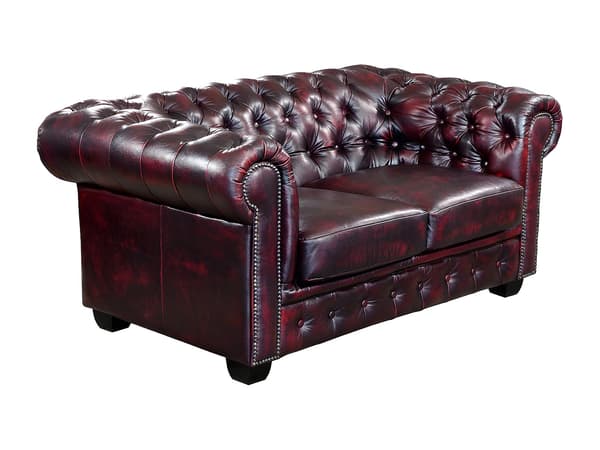 Vente-unique - 2-sits Chesterfieldsoffa i bordeaux buffelläder BRENTON