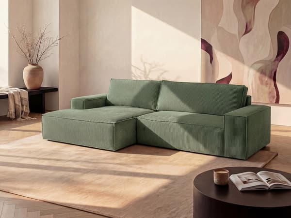 Vente-unique - Vänstervändvänd bäddsoffa i mandelgrön manchester AMELIA