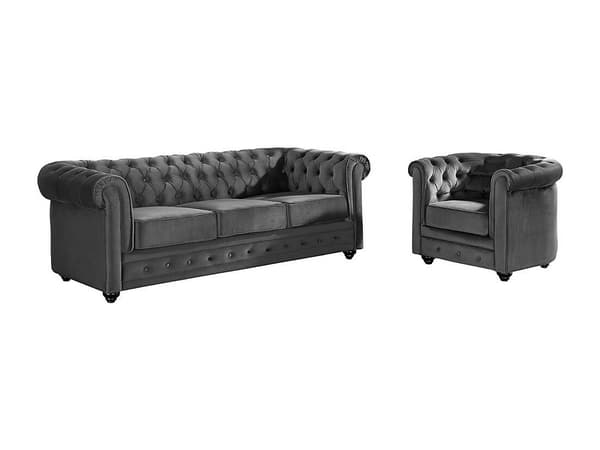 Vente-unique - 3-sitssoffa och fåtölj CHESTERFIELD - Mörkgrå sammet