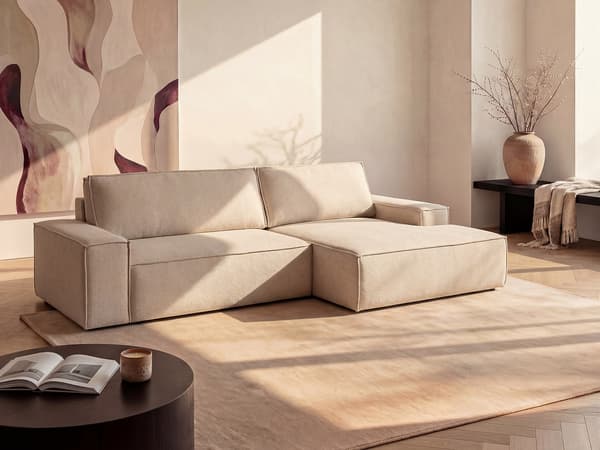 Vente-unique - Hörnbäddsoffa högerställd i beige texturerat tyg AMELIA