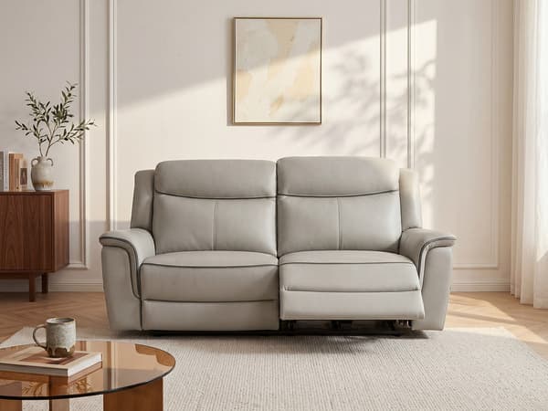 Vente-unique - 3-sits elektrisk reclinersoffa i ljusgrått läder ADELIO