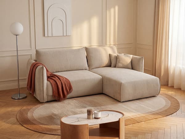 Vente-unique - Högervänd konvertibel hörnsoffa i texturerat beige tyg CARISU