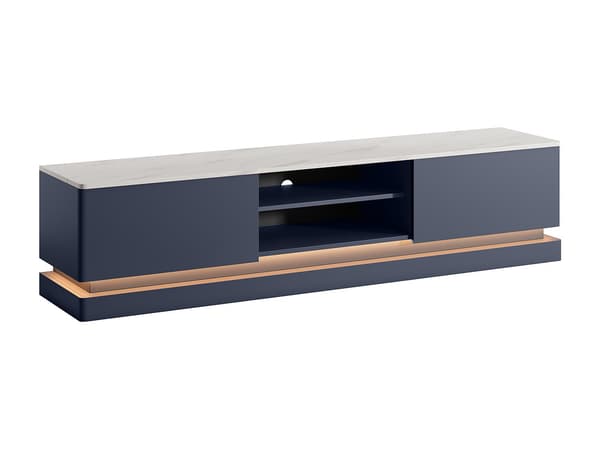 Vente-unique - TV-möbel med förvaring i blå MDF och vit marmoreffekt med LED-belysning DEVIKA