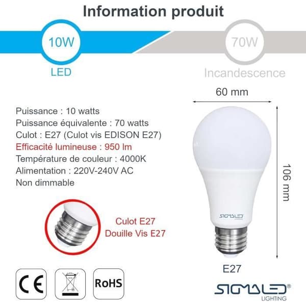 LED-lampor E27 - SIGMALED LIGHTING - 10W - Neutralvitt 4000K - 6-pack - Energibesparing