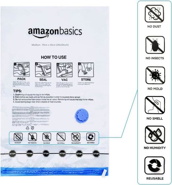 Vakuumförvaringspåsar - AMAZON BASICS - Storlek L - 5 stycken - Klar - Manuell pump