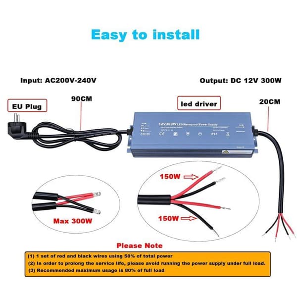 TOPAI 12V 300W Vattentät IP67 LED-transformator AC220-240V