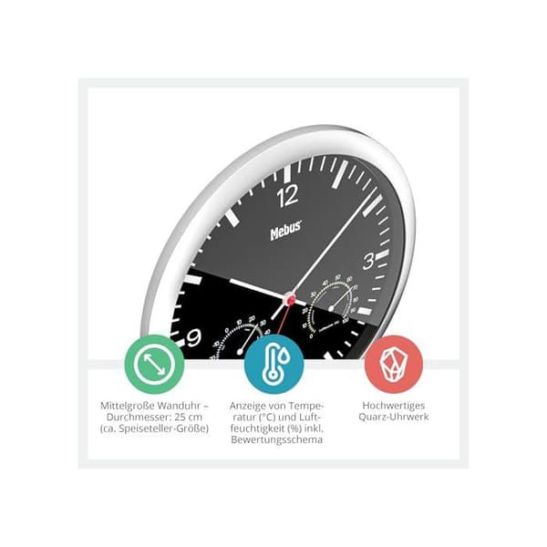 Väggklocka - Mebus - 56731 - Termometer - Hygrometer - Svart urtavla