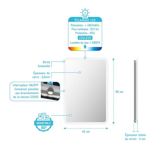 Badrumsspegel med LED-belysning - 40x60cm - GO LED