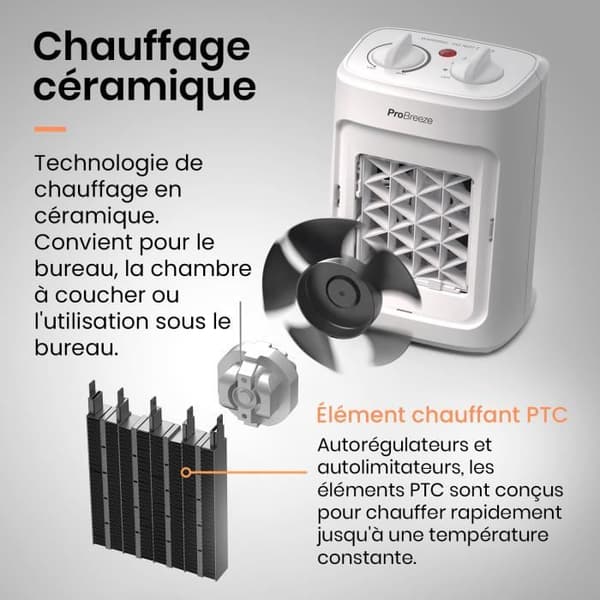Pro Breeze Mini Ceramic Heater 2000 W - 3 effektnivåer - Compact Space Heater - Vit