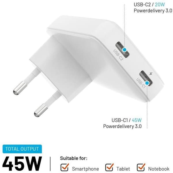 Laddare - FIXED - FIXE Slim GaN - 2x USB-C - 45W - Snabbladdning