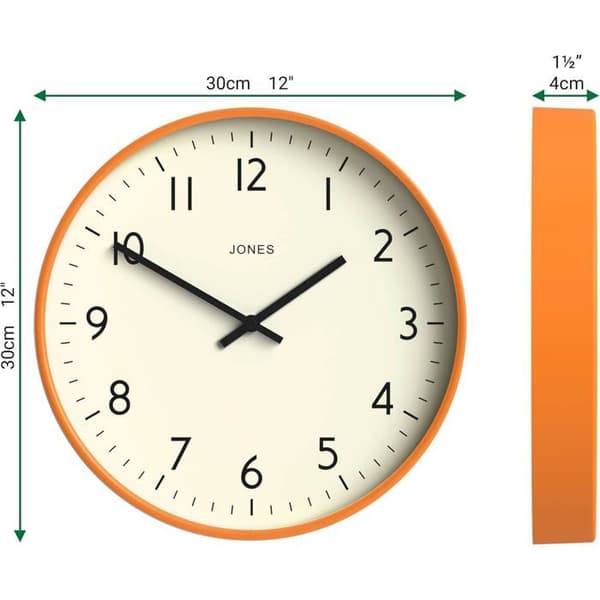 JONES CLOCKS Studio Väggklocka 30 cm orange - modern design, läsbara siffror