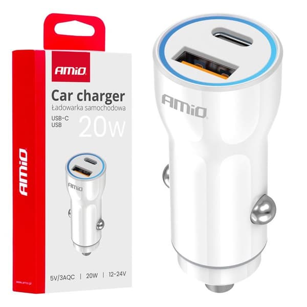 USB-A+ USB-C bil laddare 20 W AMIO-03881