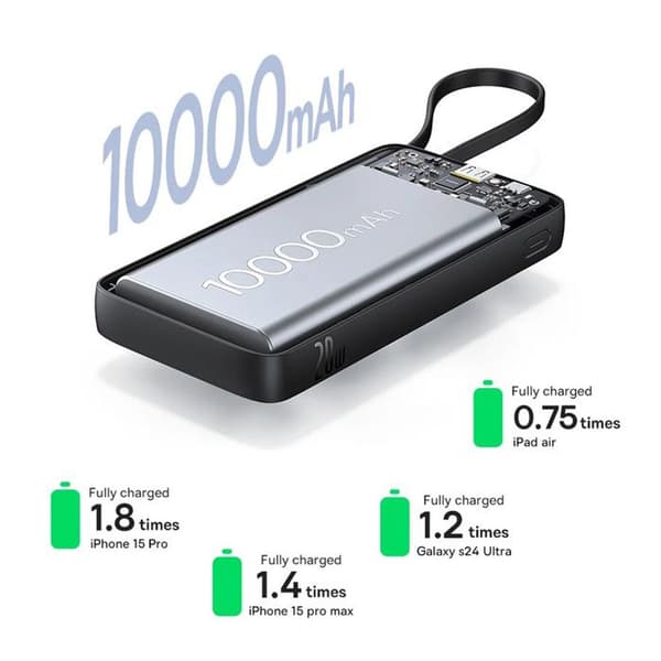 Extern Batteri - BASEUS - Bipow 2 - 10000mAh - 20W - Inbyggd Typ-C Sladd - Svart