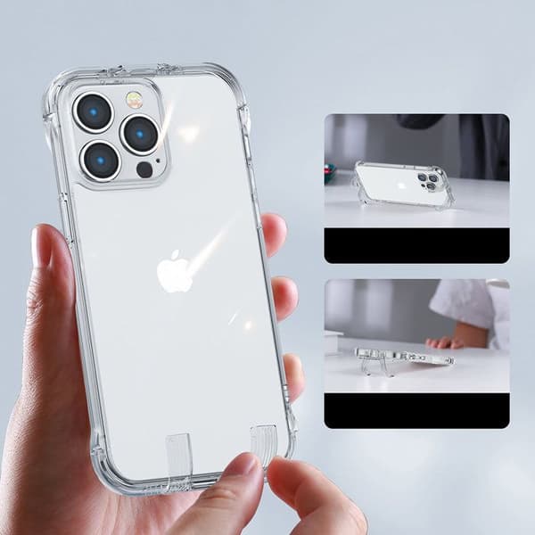 Transparent skyddsfodral för iPhone 14, med krokar och stöd.