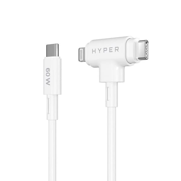 Hyper Cavo USB 2.0 1,5m USB-C till USB-C/Lightning Vit Snabbladdning 60W MFi