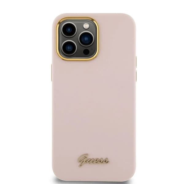 Guess Silicone Script-logotyp och metallram - Fodral för iPhone 15 Pro Max (rosa)