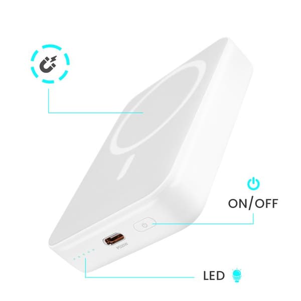 Externt batteri - BWOO - 10000mAh - USB-C 20W - MagSafe - Fällbart stöd Vitt