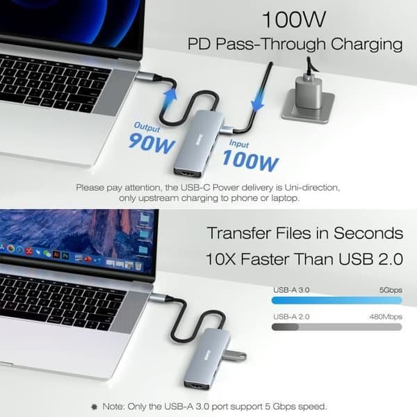 USB C-hub - BENFEI - HDMI 4K - 3 USB-portar - 100W Strömad - Vävd design