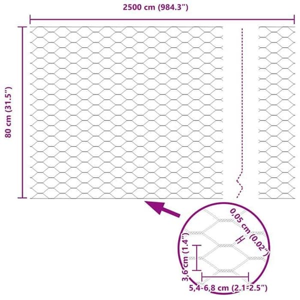 vidaXL Hexagonal stängsel Silver 0,8 x 25 m Galvaniserat stål 42005679