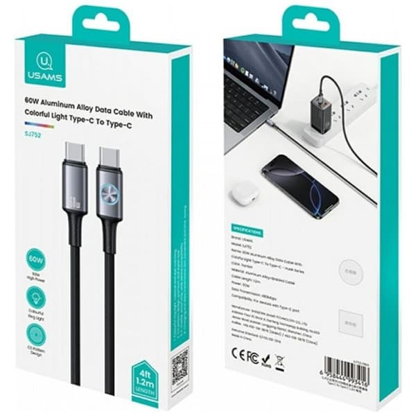 USAMS USB-C till USB-C 1,2 m Snabbladdning 60 W Silver