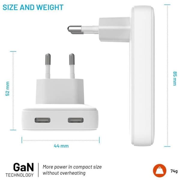 Laddare - FIXED - FIXE Slim GaN - 2x USB-C - 45W - Snabbladdning