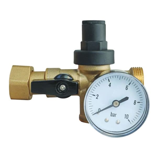 3-i-1 reducer block med ventila + Ventil - Snurrande mutter / Han 20/27 + Manometer