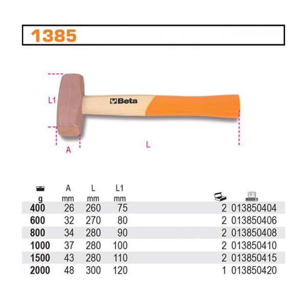 Kopparhammare - Beta - 800g - Trähandtag - Längd 280mm - Bredd 90mm - Höjd 34mm