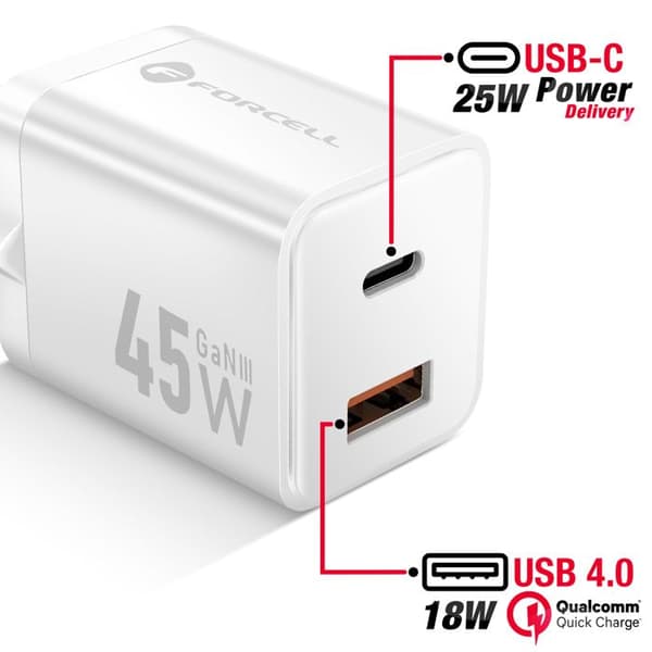 Laddare - FORCELL - Forcell - 45W - GaN III - USB-C och USB-A