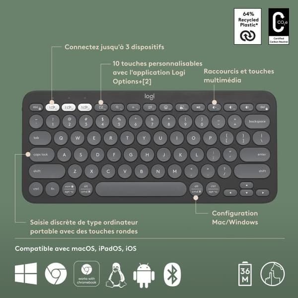 Tangentbord - Trådlöst - Logitech - Pebble Keys 2 K380s - Lättbyteknapp - Grafit
