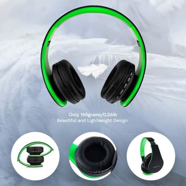 Bluetooth-hörlurar - POWERLOCUS - Fällbara - HD stereo - Micro SD/TF - Svart/Grön