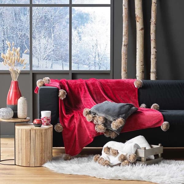 Rutig Flanell Pompons "Snöig" 125x150cm Grå