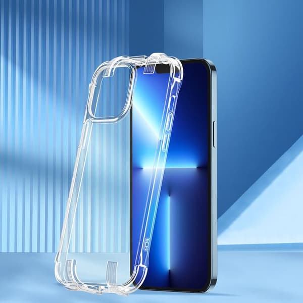 Transparent skyddsfodral för iPhone 13 Pro Max, med krokar och stöd.