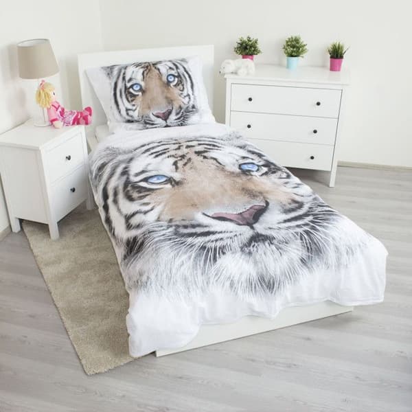 Sängkläder - HOME - Vit Tiger - Påslakan i Bomull - 140 x 200 cm - Grå