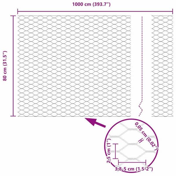 vidaXL Hexagonal stängsel Silver 0,8 x 10 m Galvaniserat stål 42005638