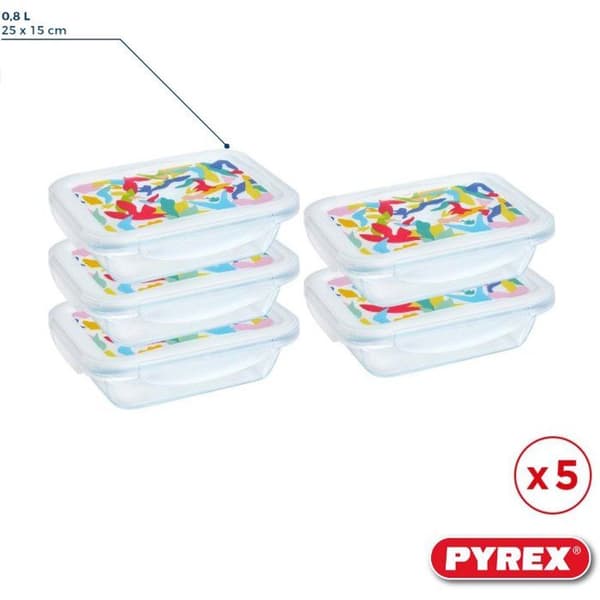Lunchbox - PYREX - Set med 5 glaslådor - Rektangulär - Tätslutande lock - Abstrakt design - 0,80 L