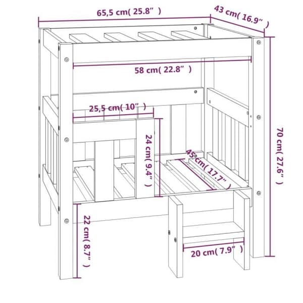 822372 vidaXL Hundsäng 65,5x43x70 cm Solid furu