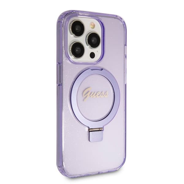 Coque Guess Ring Stand Script Glitter MagSafe för iPhone 15 Pro - Lila