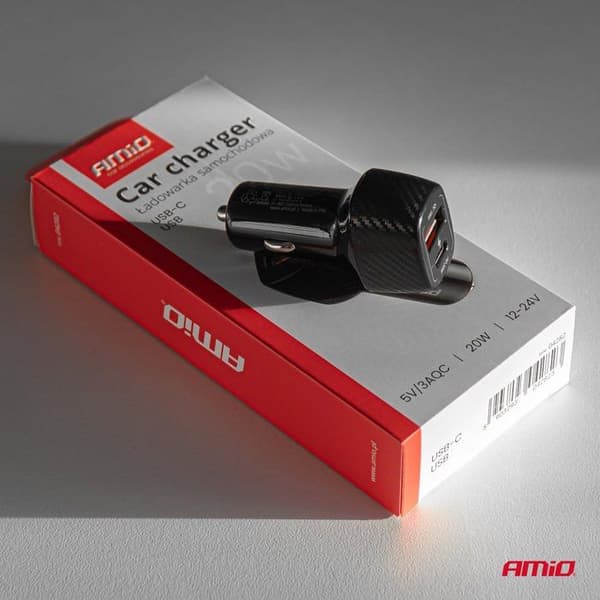 Bil-laddare QC+PD 20 W USB-A + USB-C AMIO-04282