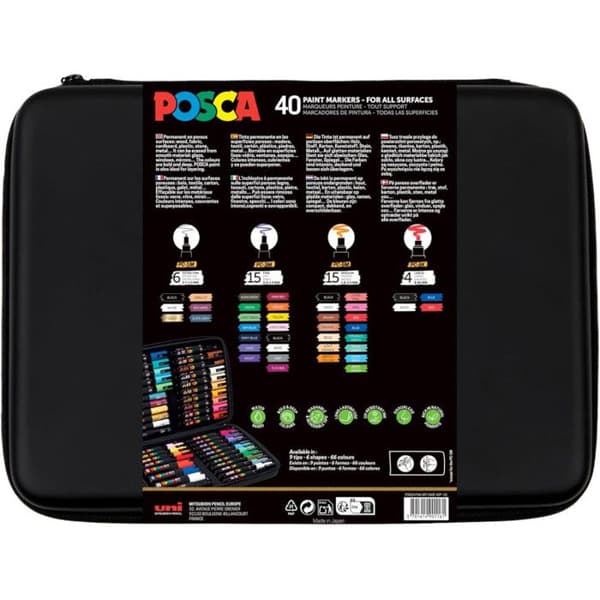 Väska med 40 pennor - POSCA - Färgsortiment + spetsar - PC1-1M - PC3M - PC5M - PC8K