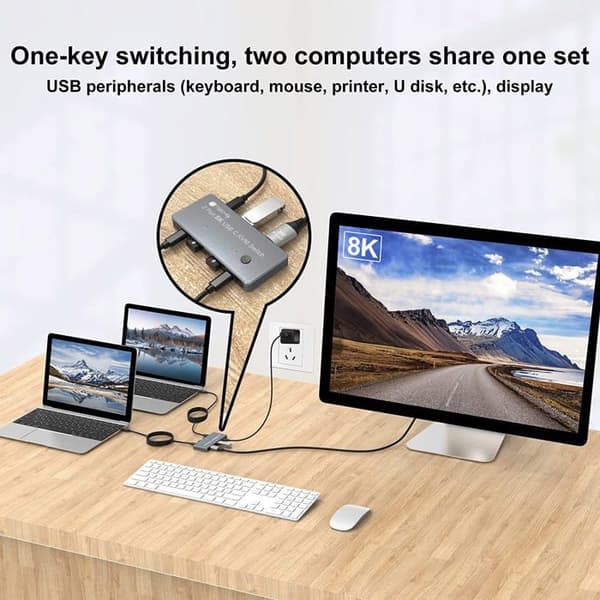 Switch KVM - Techly IDATA KVM-DPC8K - 8K Upplösning - 2xUSB-C - 3xUSB 2.0 - Kontor