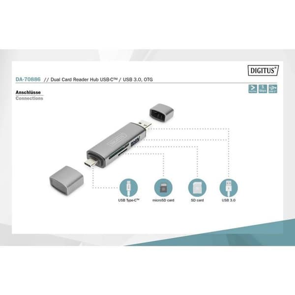 Digitus DA-70886 Hub / extern minneskortläsare USB 3.0, USB-A, USB-C® grå