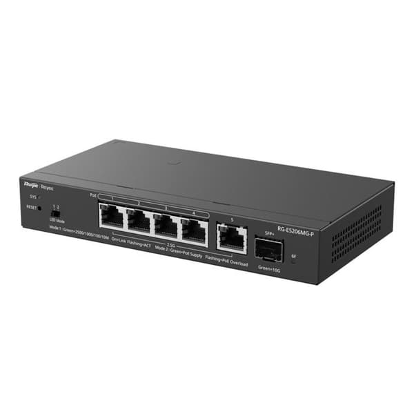 Switch Reyee hanteras via molnet Layer 2 PoE 5x MultiGigabit PoE 1x SFP+ 10Gbps Svart