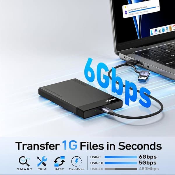 BENFEI Hårddisklåda 2.5, USB C/ USB A till SATA 2,5", för SSD och HDD 6 Gbps, Stöder UASP SATA III.
